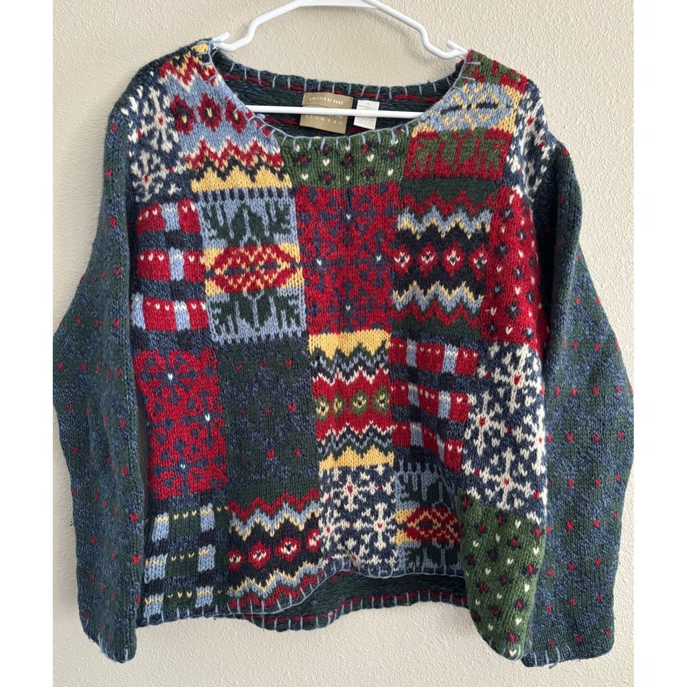 Vintage Hand Knit Shetland Wool Sweater Womens Medium Blue Cottage Grandma